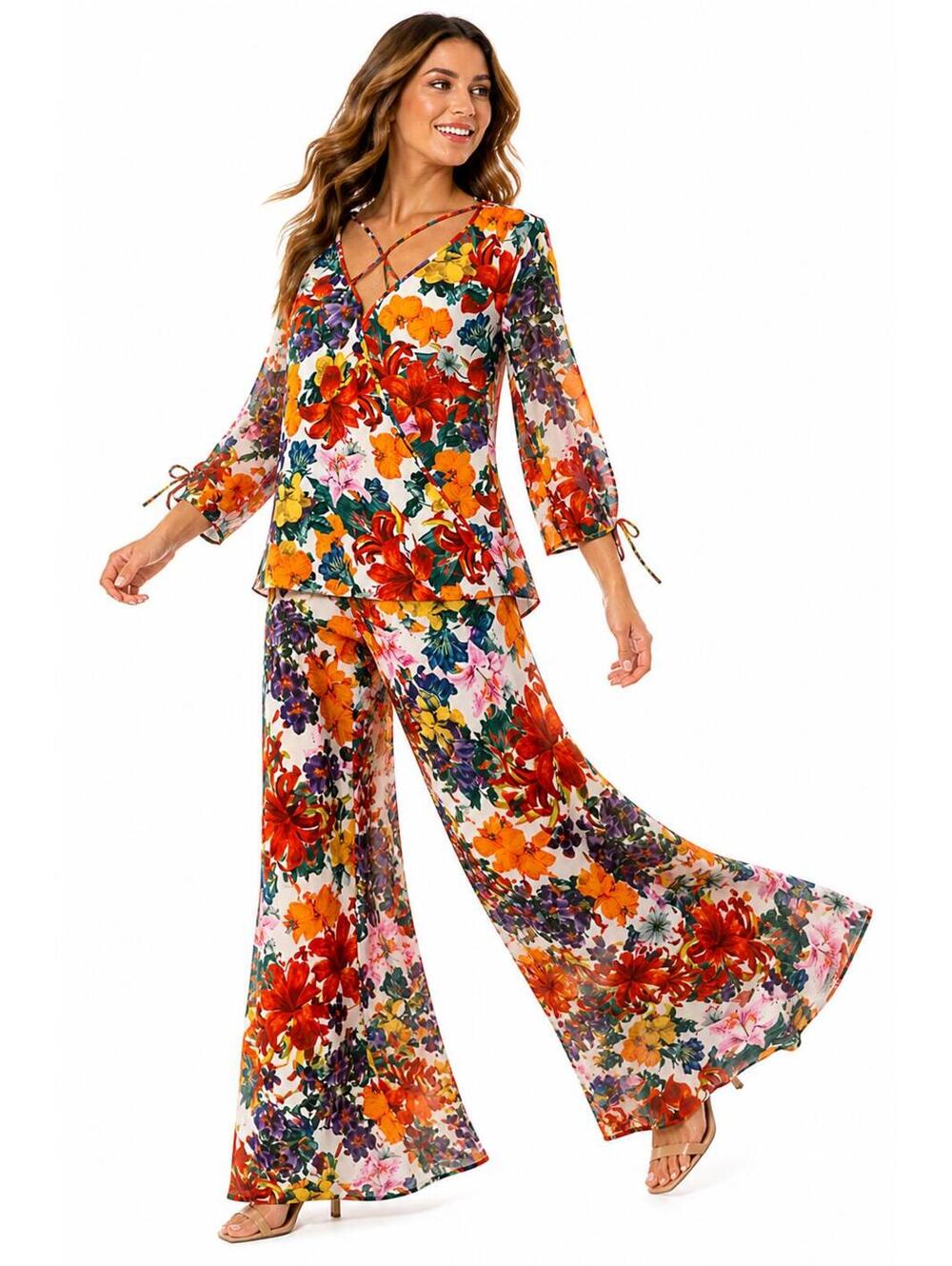 Bold Elements Floral Matching Set - Boho Statement Top + Wide Leg Pants - Size M